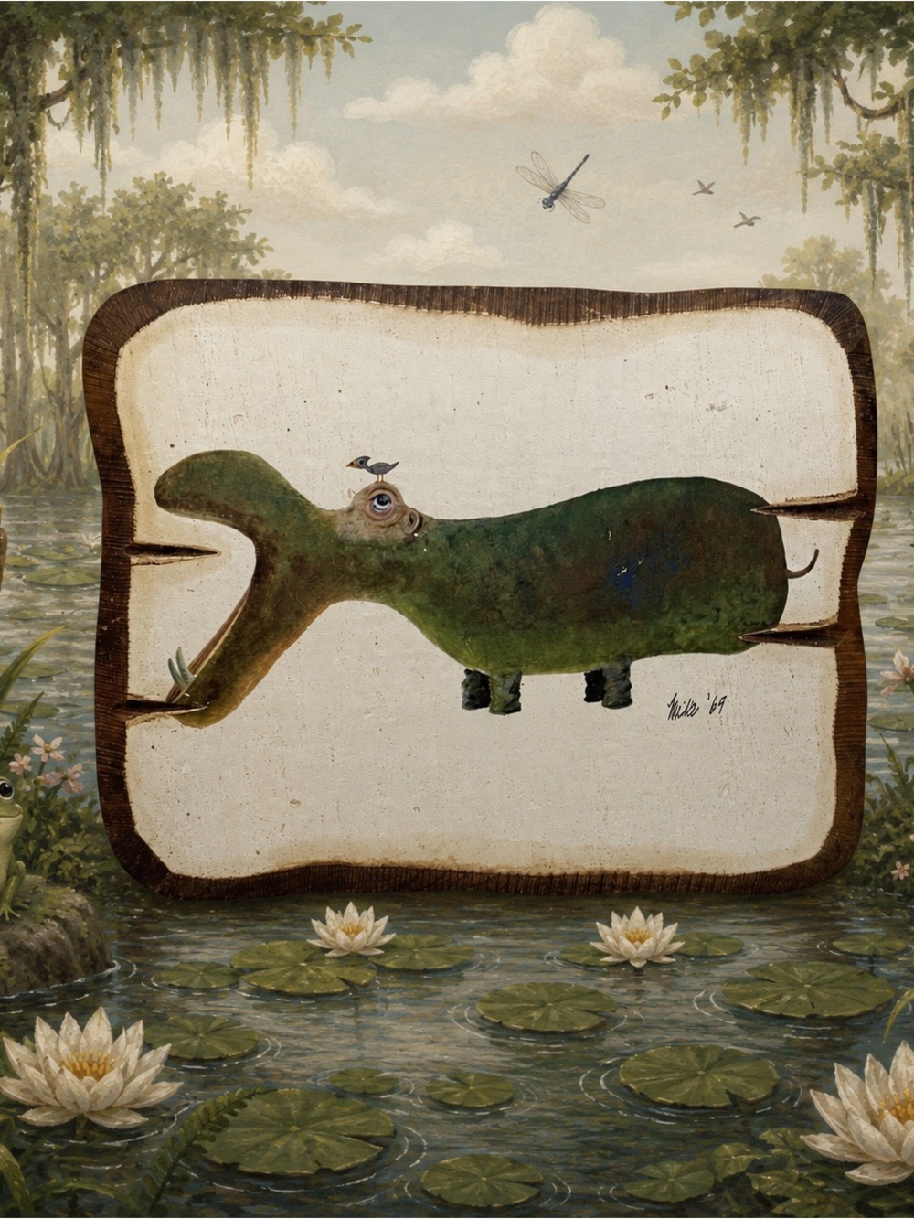 Painting on wooden plank 8" Hippo with bird signed Mike 1965 vintage